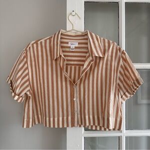 Striped Cotton Crop Button-Up Shirt in Tan & White, Size Large